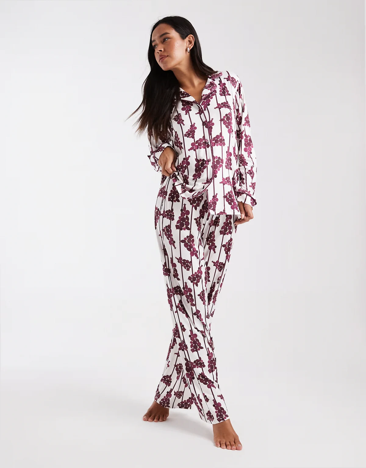 long sleeve Christmas tree pajamas in white and burgundy