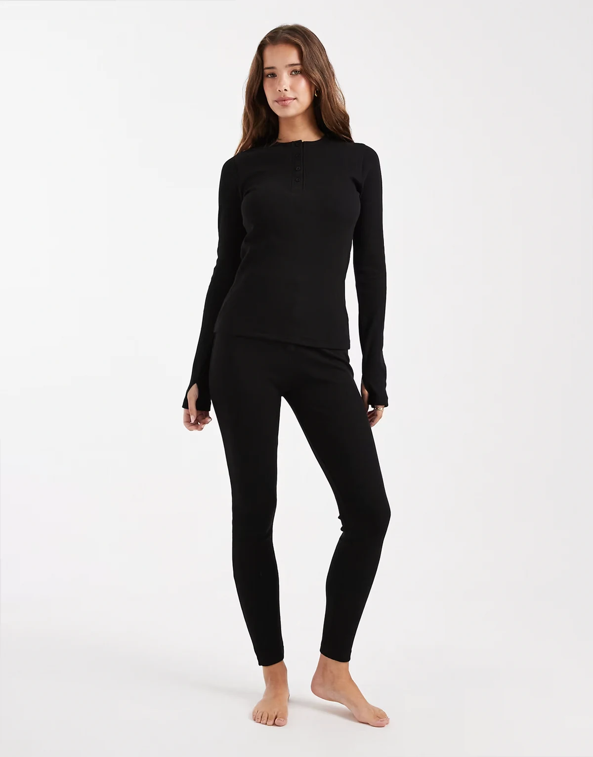 ribbed button down long sleeve loungewear set in black