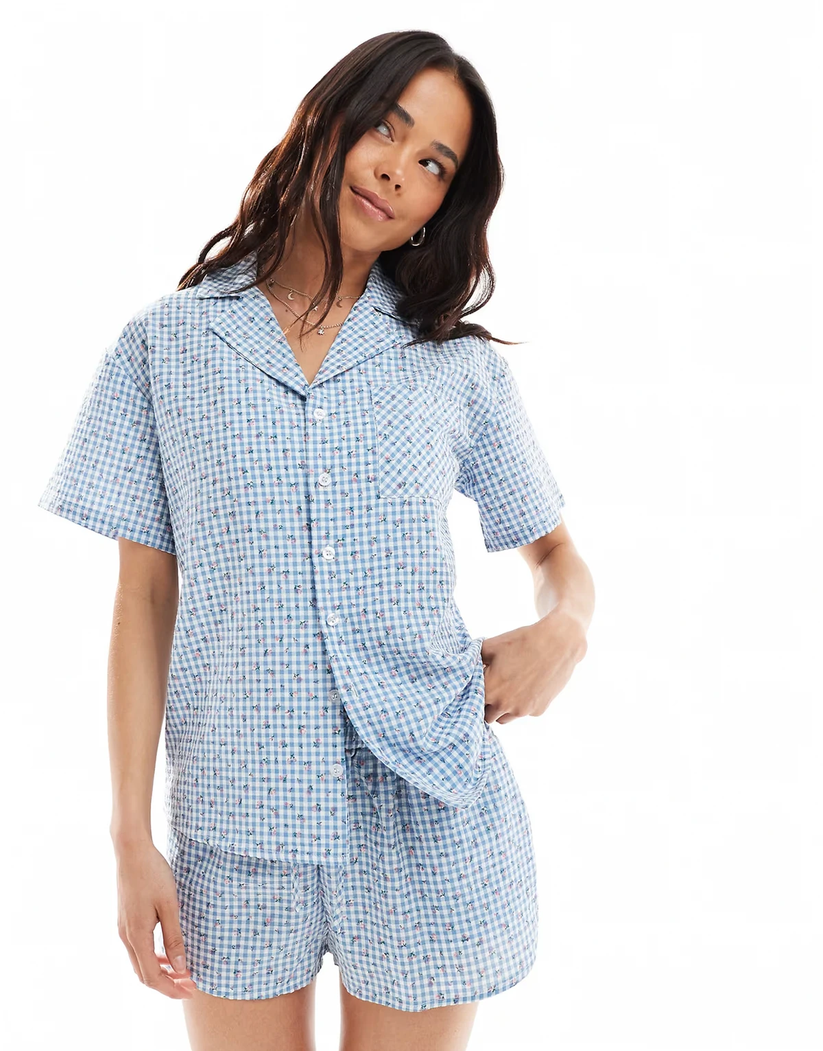 short sleeve pajama shirt with floral details in blue gingham