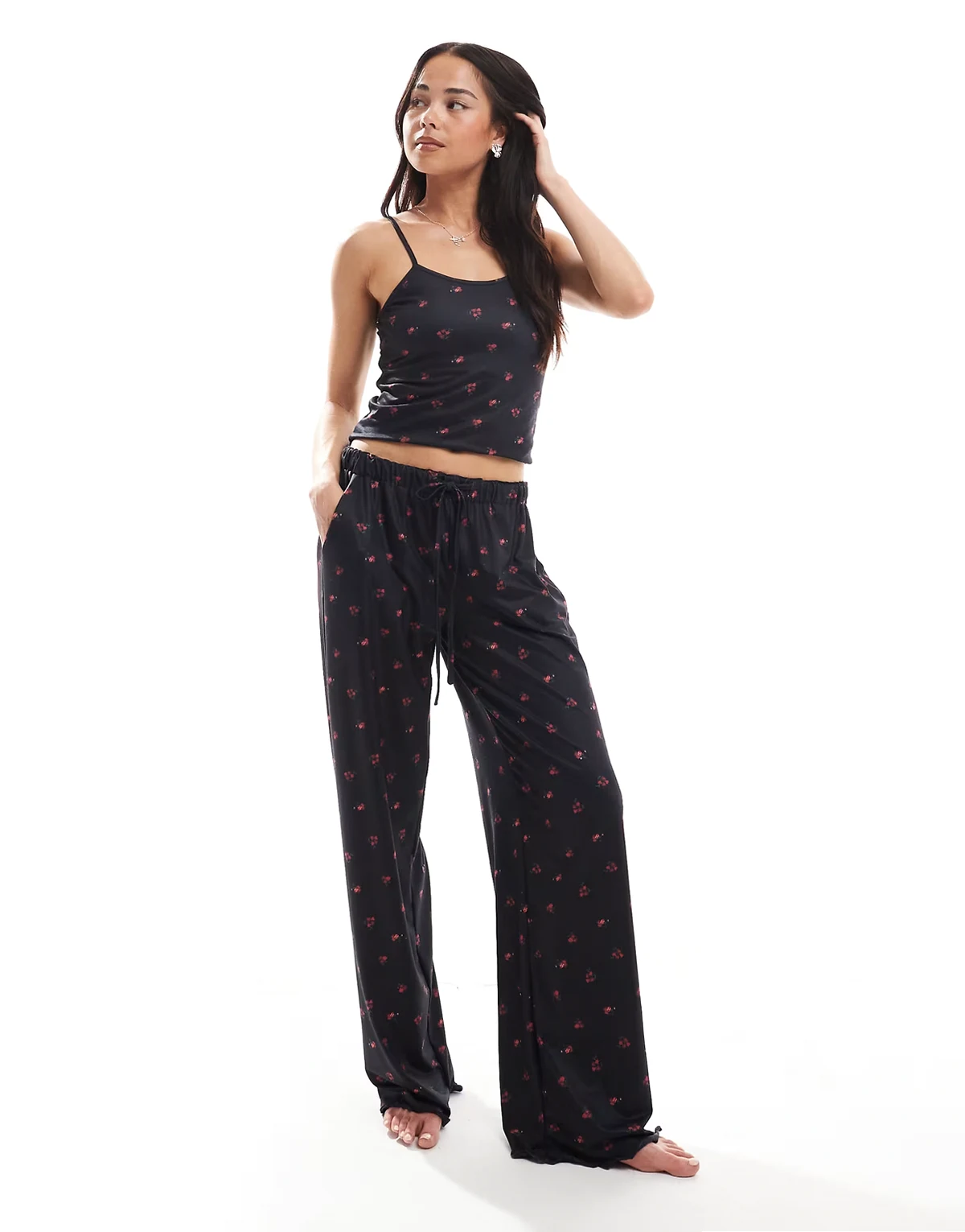red ditsy floral pajama bottoms in black