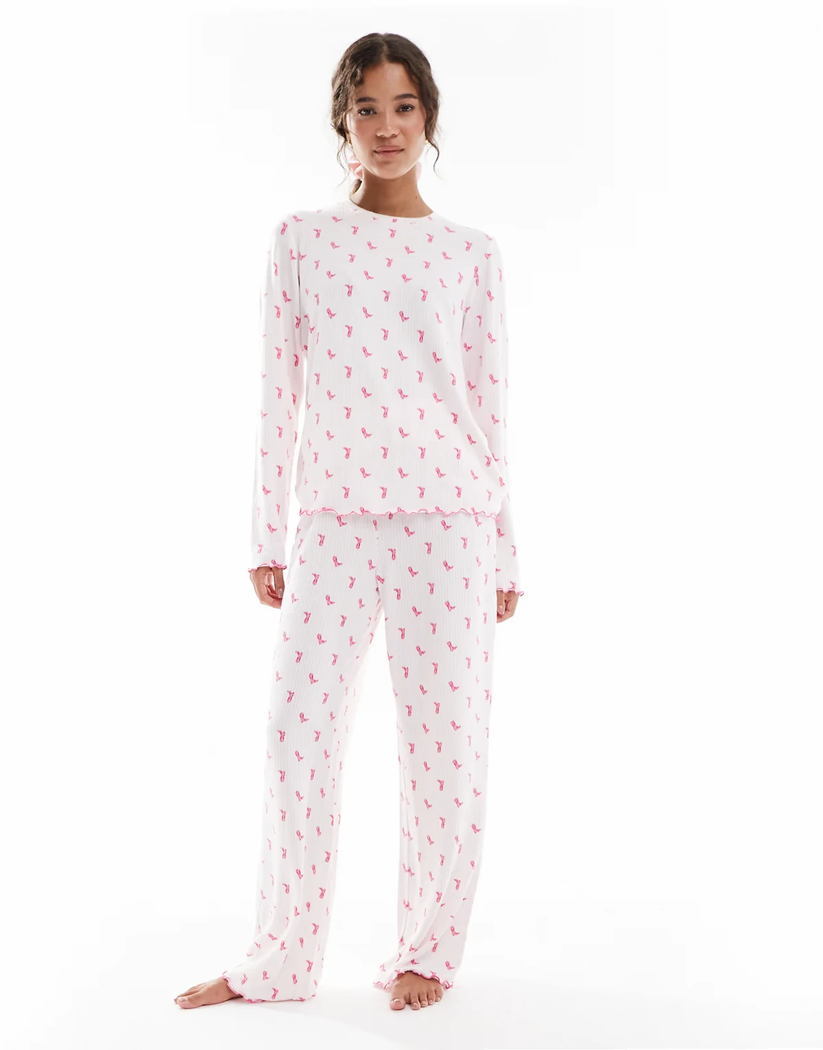 heather brushed rib long sleeve top and pants set in pink cowboy boot print