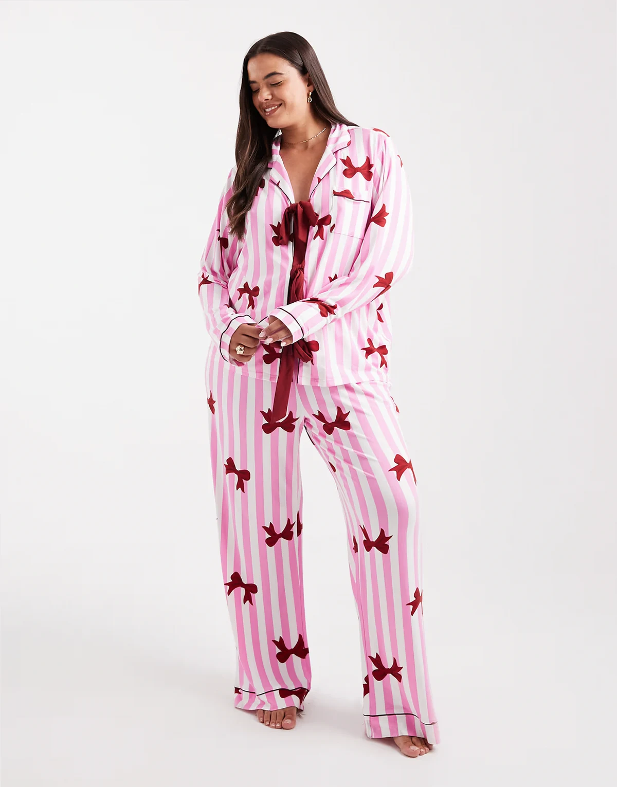 Curve supersoft jersey bow print pajama set in pink stripes