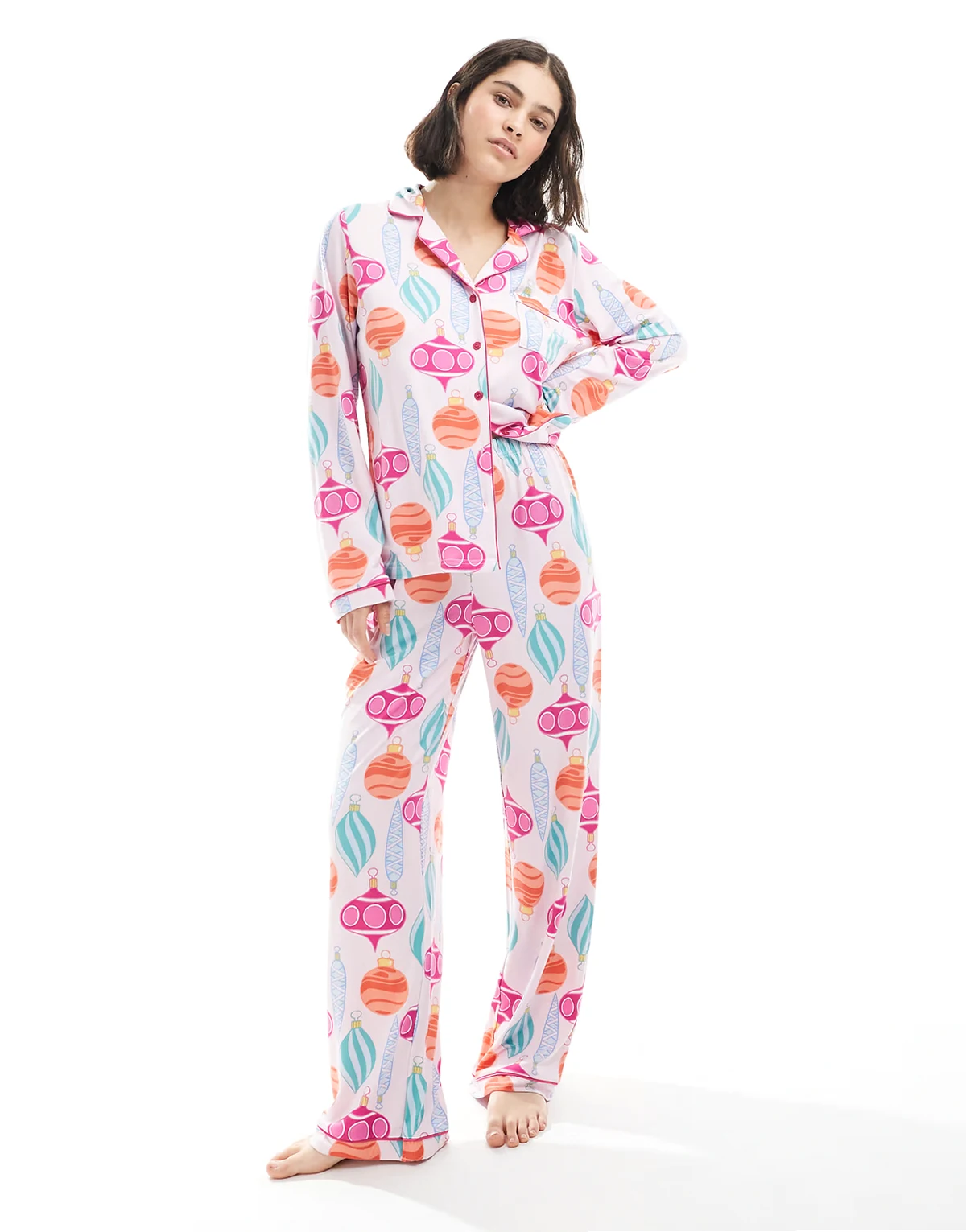 Christmas super soft jersey revere top and wide leg pants pajama set in bauble print