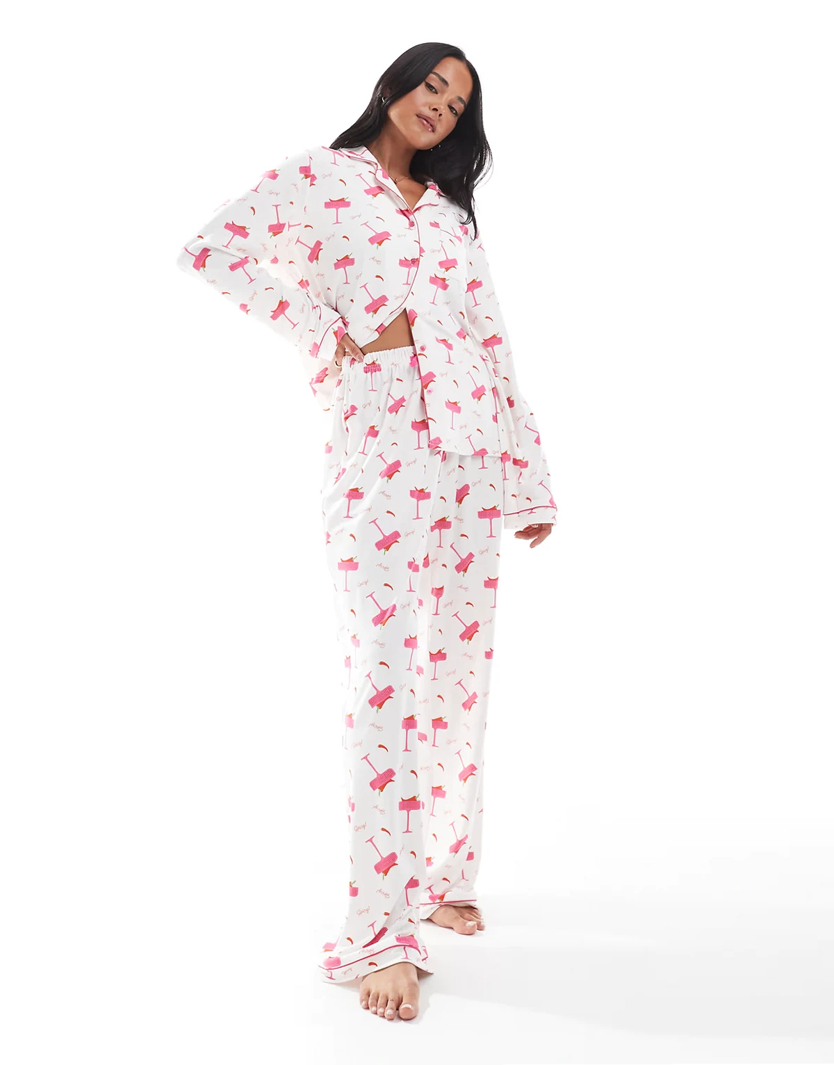 super soft jersey revere top and wide leg pajama set with piping detail in spicy marg print