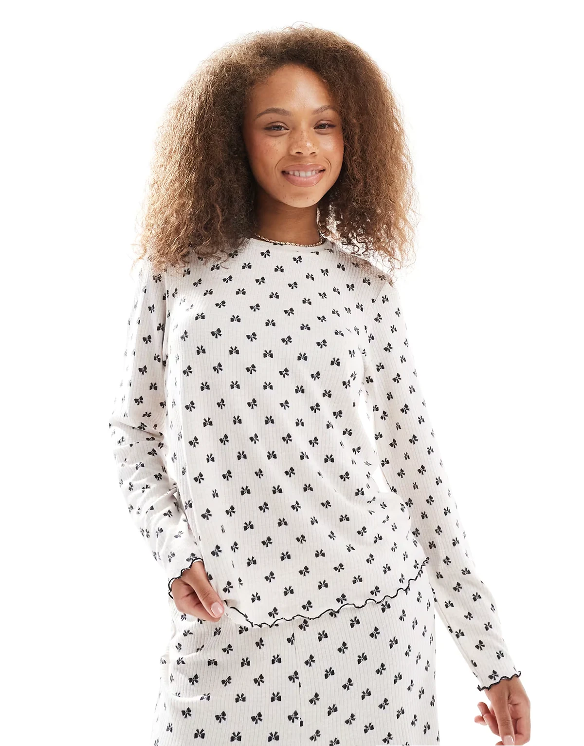 super soft ribbed bow print pajama set in heathered cream
