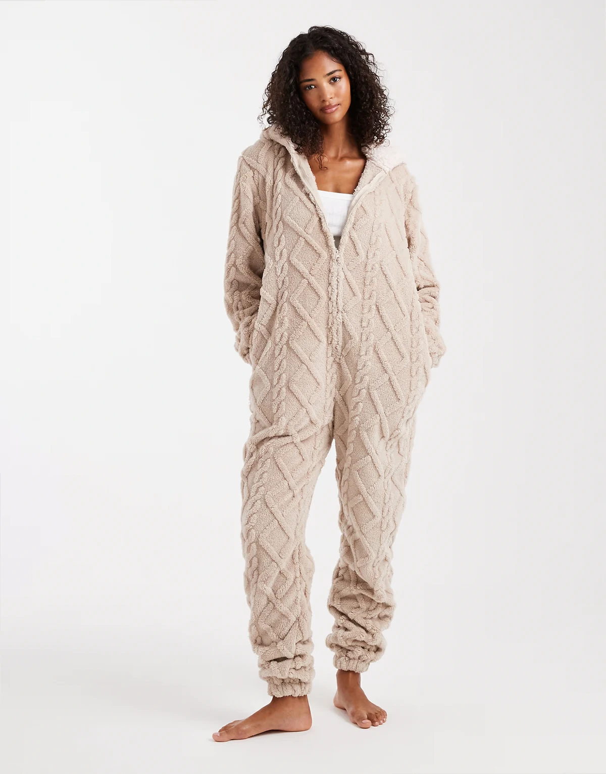 cozy onesie in beige and cream cable knit teddy