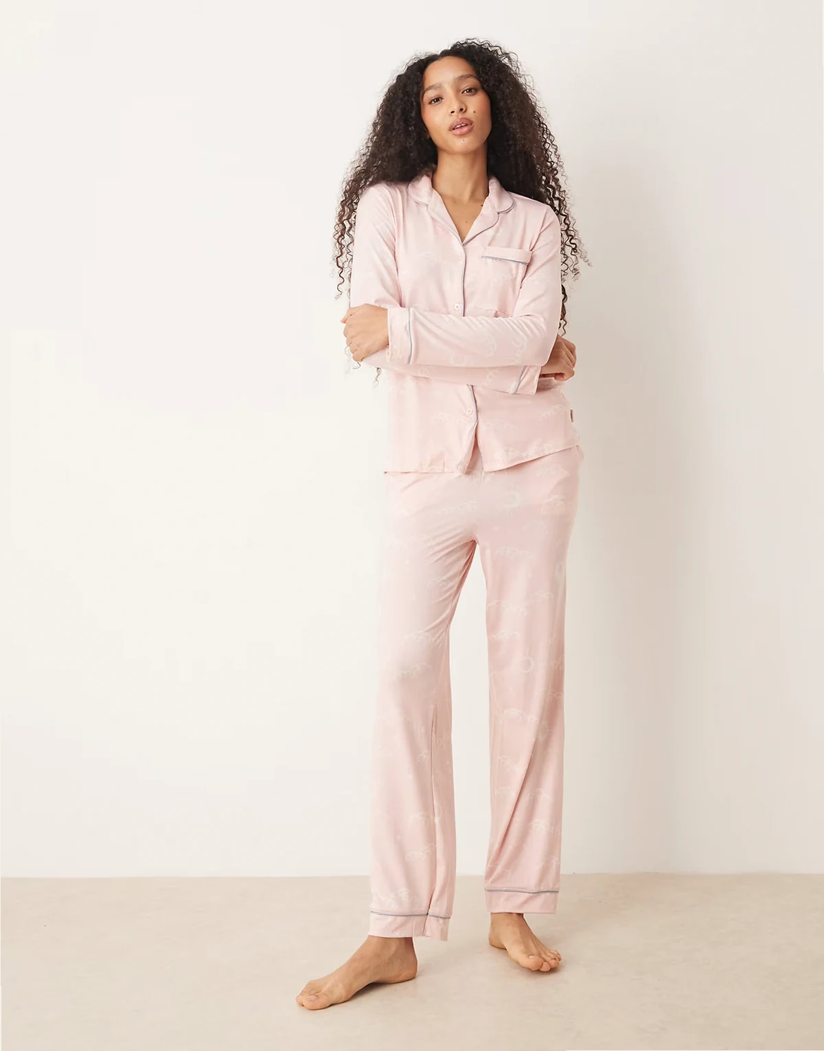 poly long sleeve revere pajama set in pink night sky print