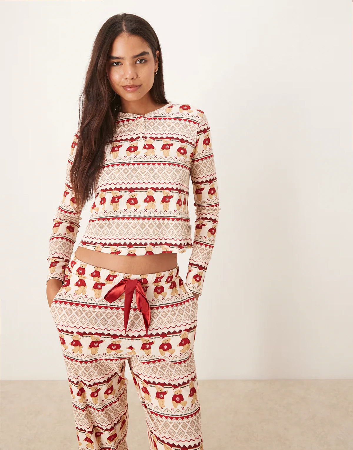 Christmas teddy Fairisle Henley and pants pajama set in multi