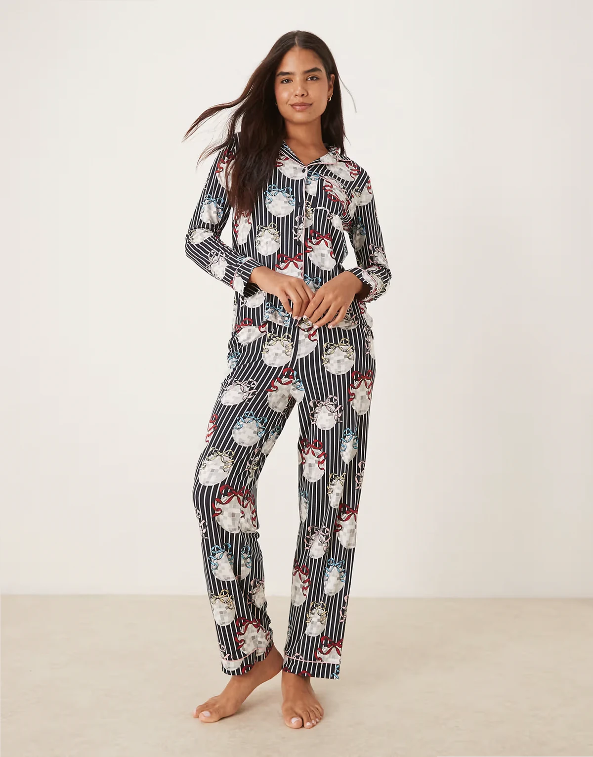poly long sleeve revere pajama set in Christmas disco ball print