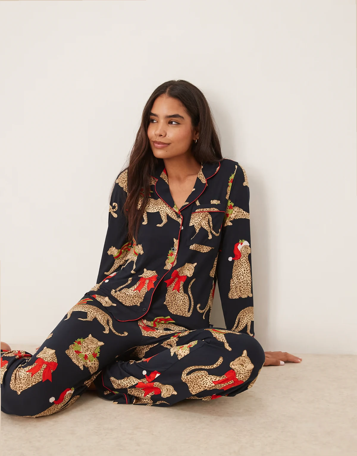 poly long sleeve camp collar pajama set in Christmas leopard print