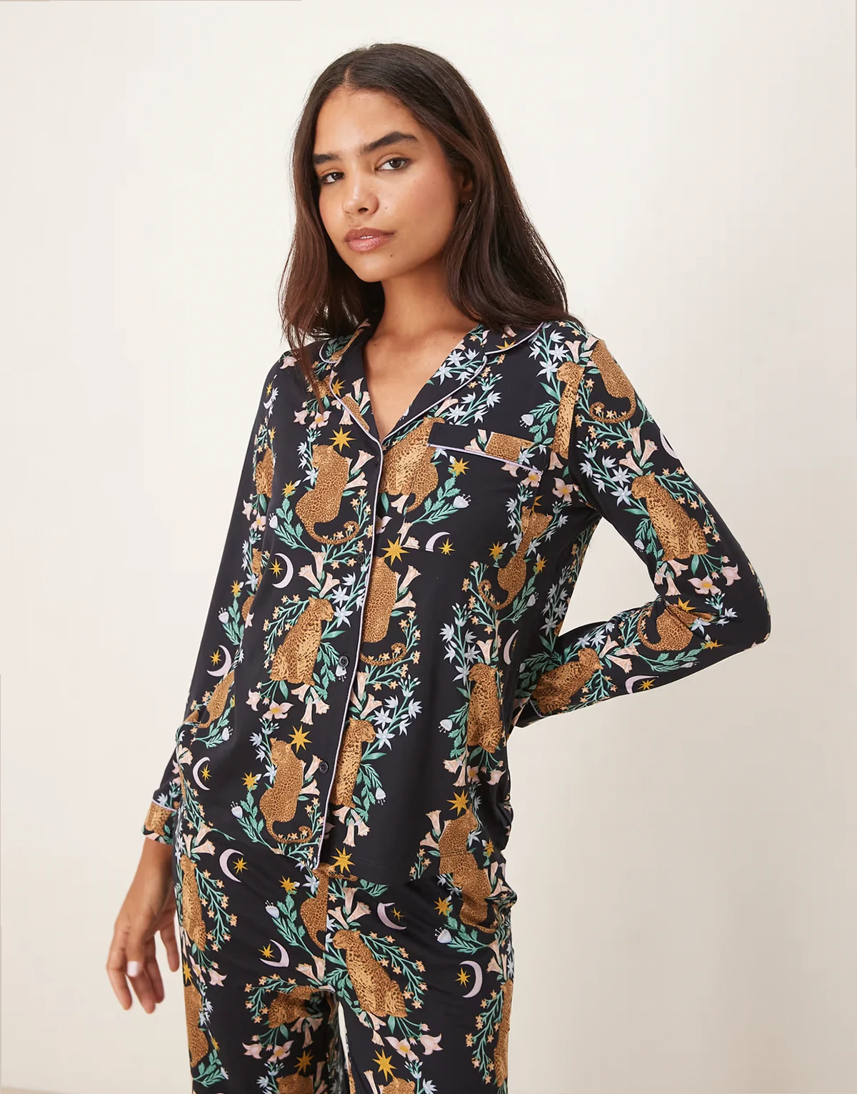 poly long sleeve camp collar pajama set in navy botanical tiger print