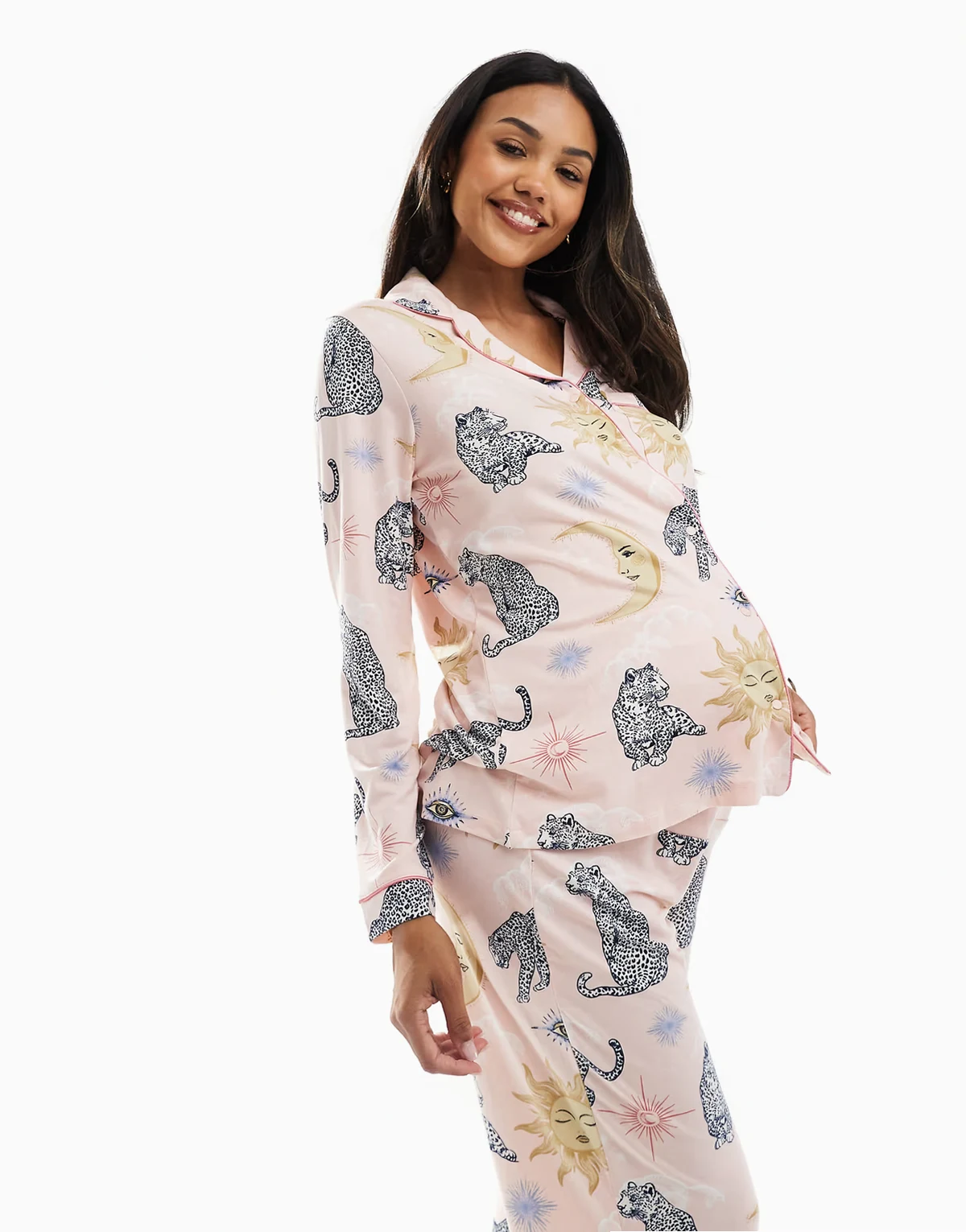 Maternity poly long sleeve camp collar pajama set in celestial tiger print