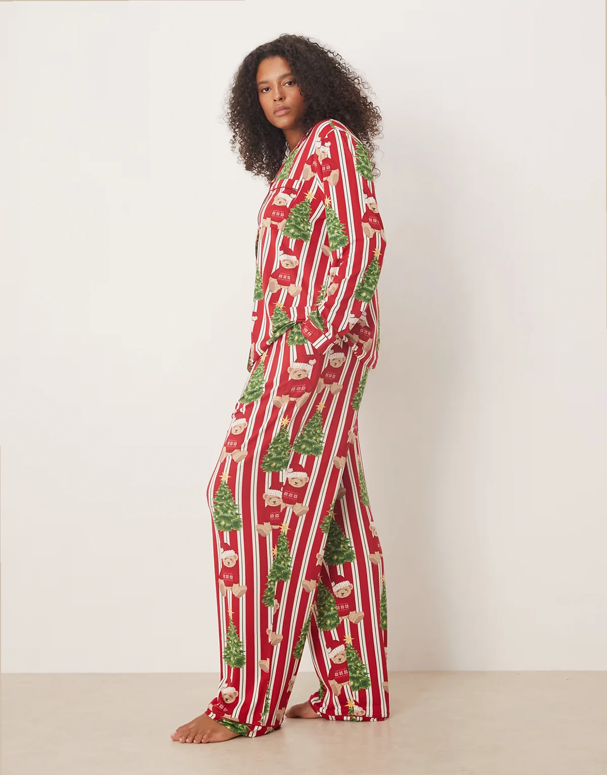 Curve poly long sleeve camp collar pajama set in christmas teddy striped print