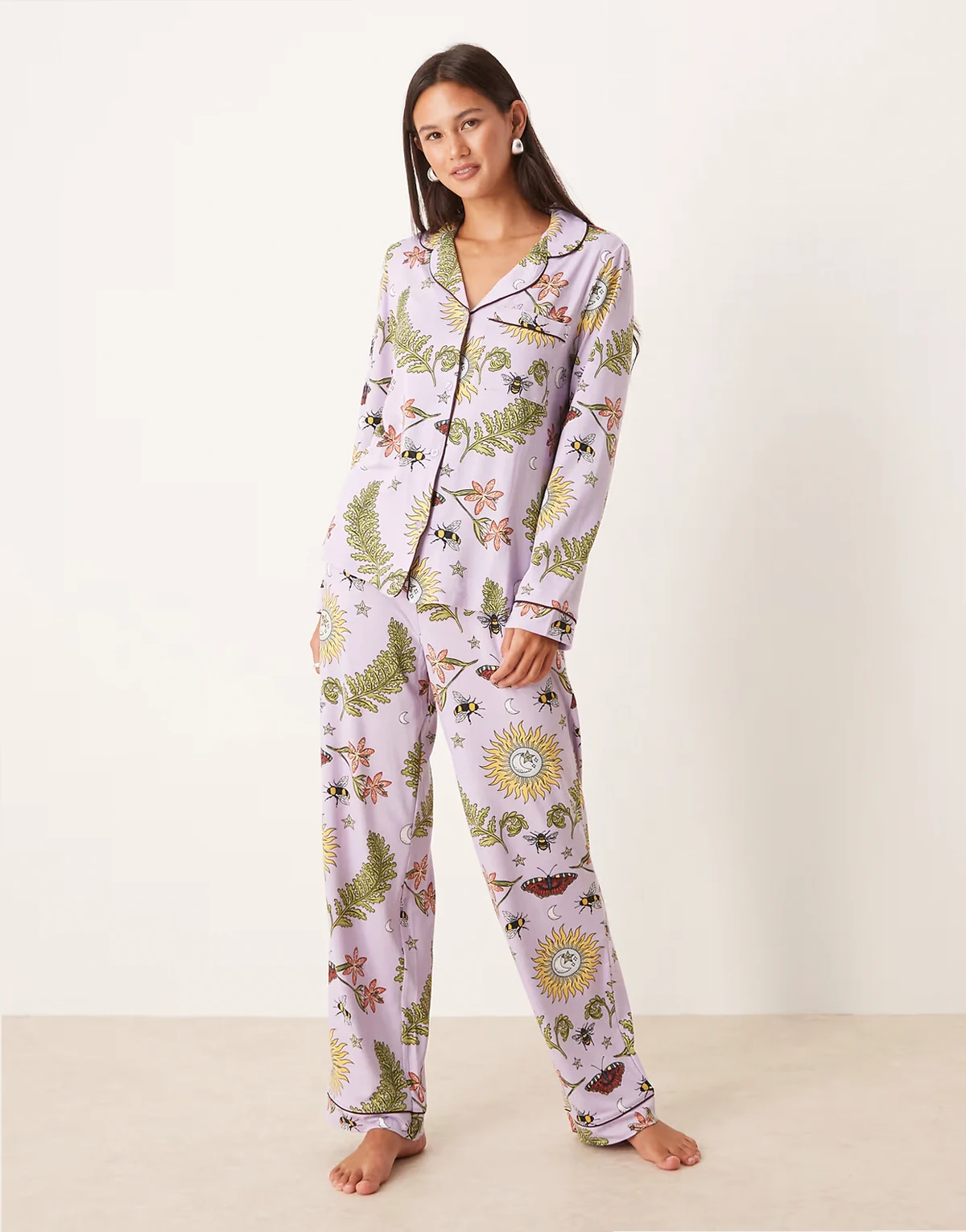 poly long sleeve camp collar pajama set in moonlit woodland print