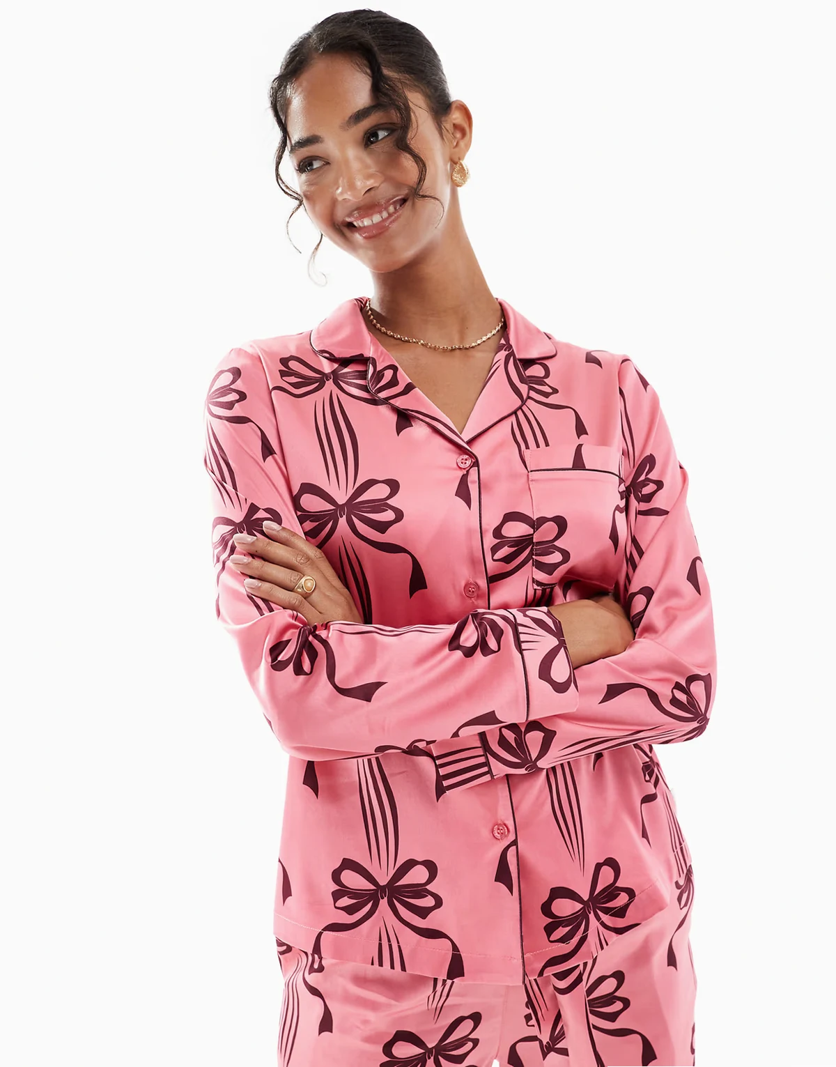 satin long sleeve revere pajama set in bow print