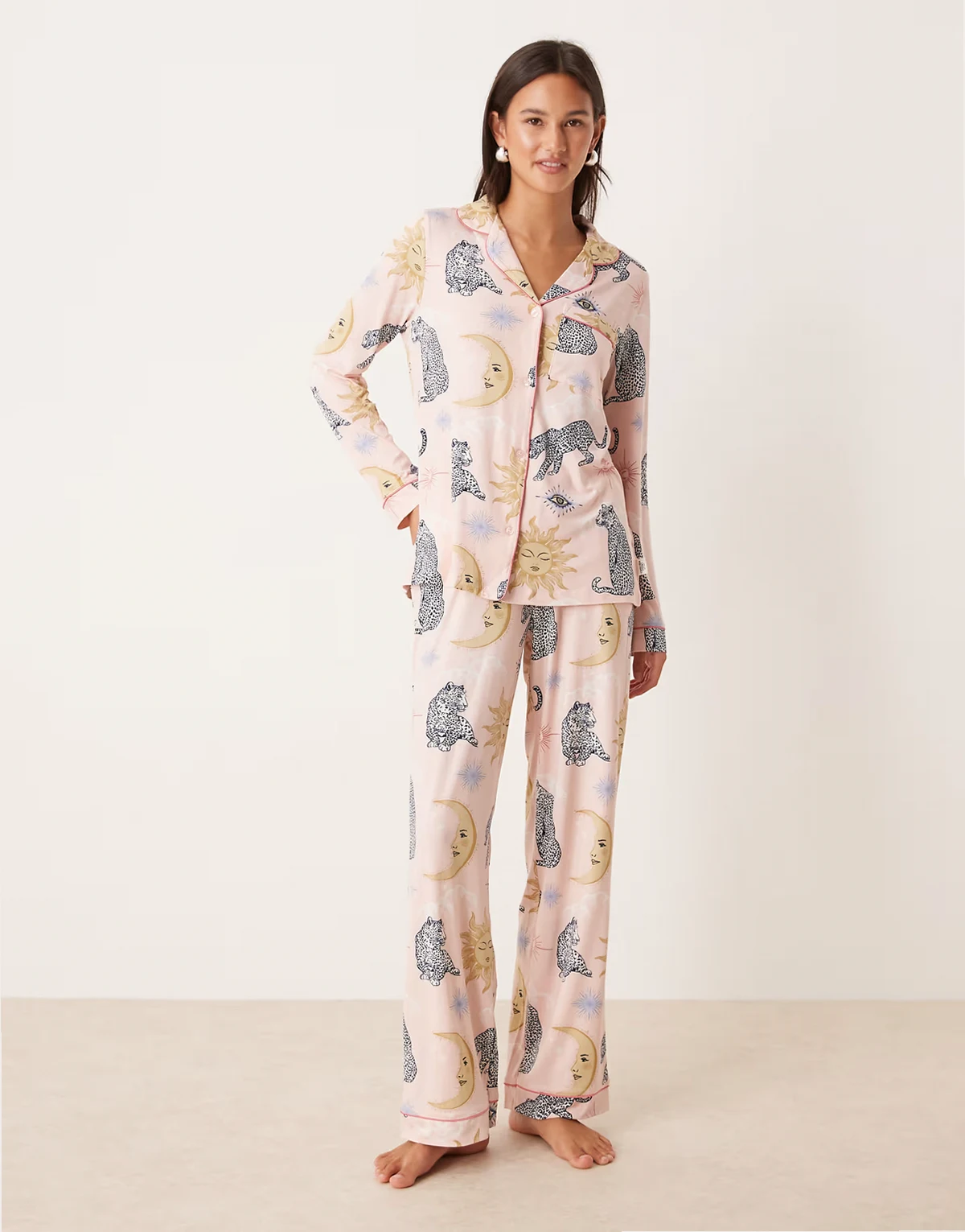 poly long sleeve camp collar pajama set in celestial tiger print