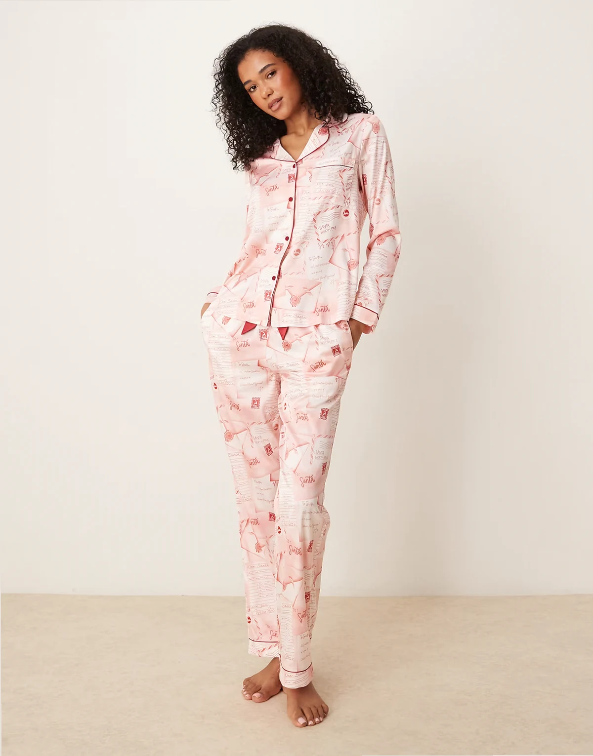 satin long sleeve camp collar pajama set in letter to santa print
