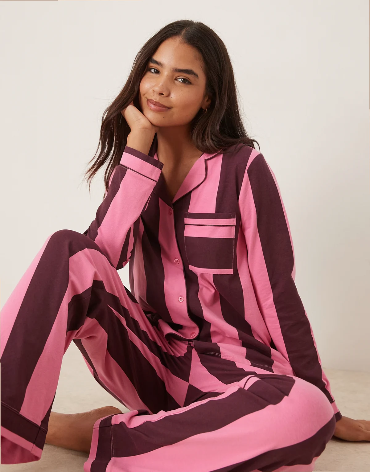 cotton long sleeve revere pajama set in multi stripe print