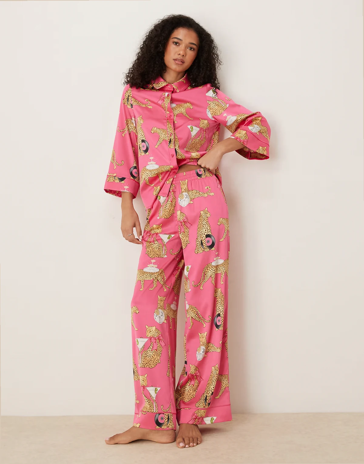 satin batwing camp collar pajama set in disco leopard print