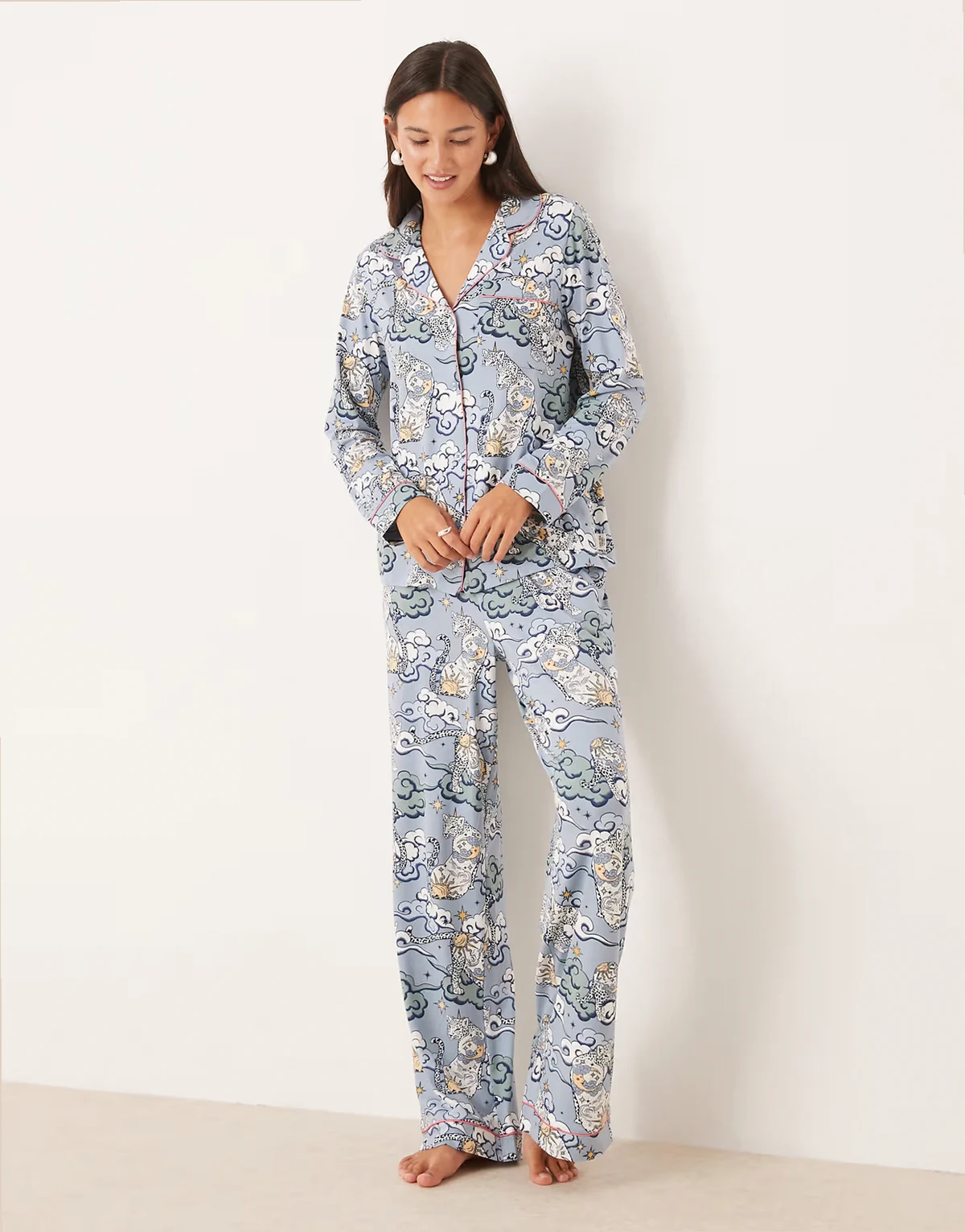 poly long sleeve camp collar pajama set in night sky leopard print
