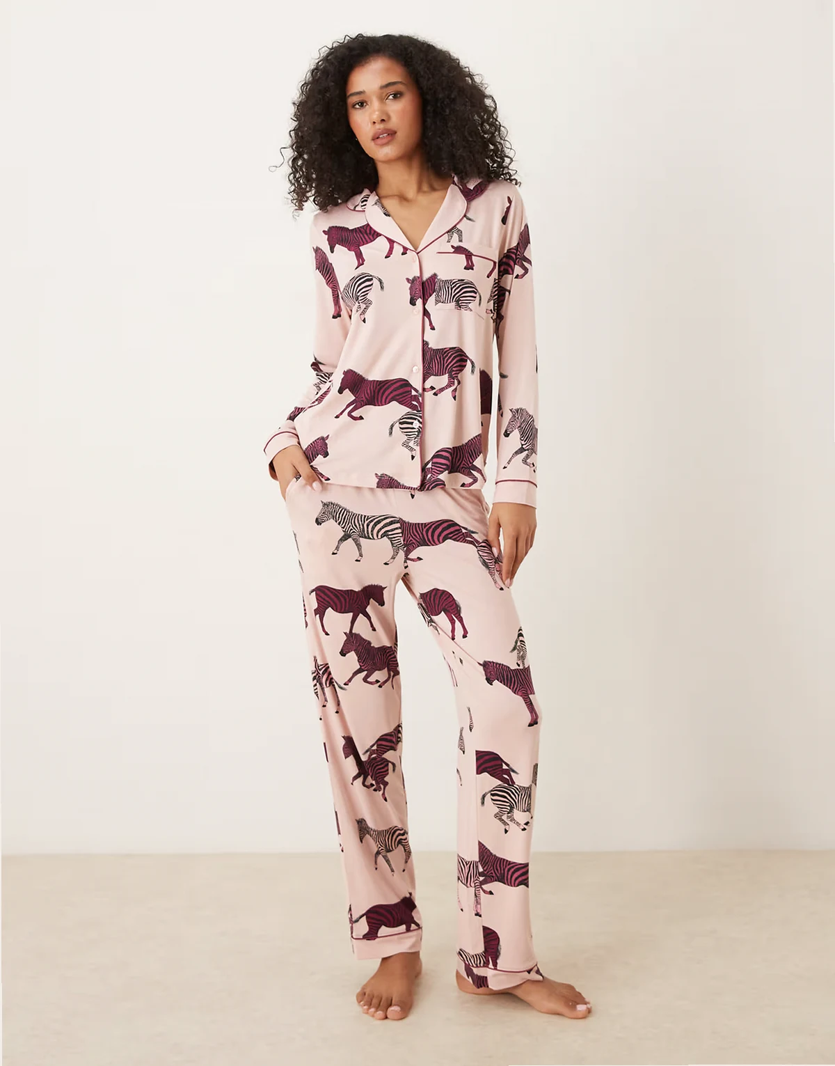 poly long sleeve camp collar pajama set in zebra print
