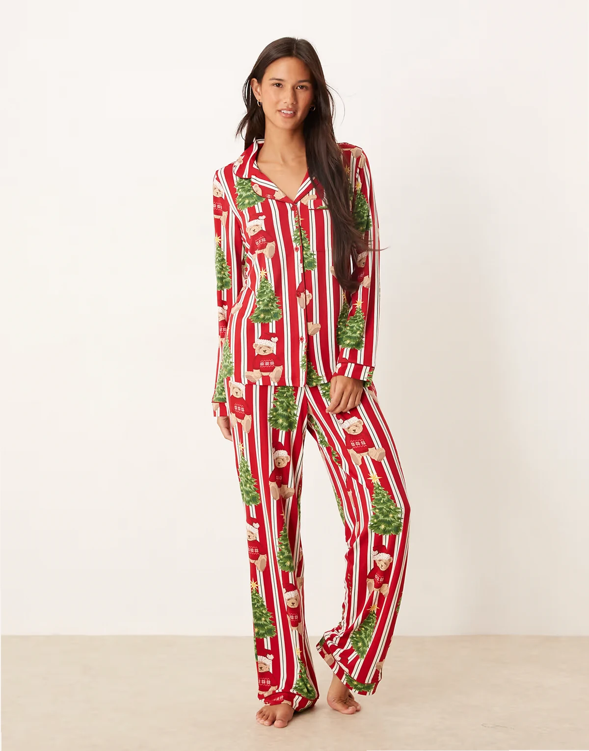His & Hers poly long sleeve camp collar pajama set in Christmas Teddy striped print