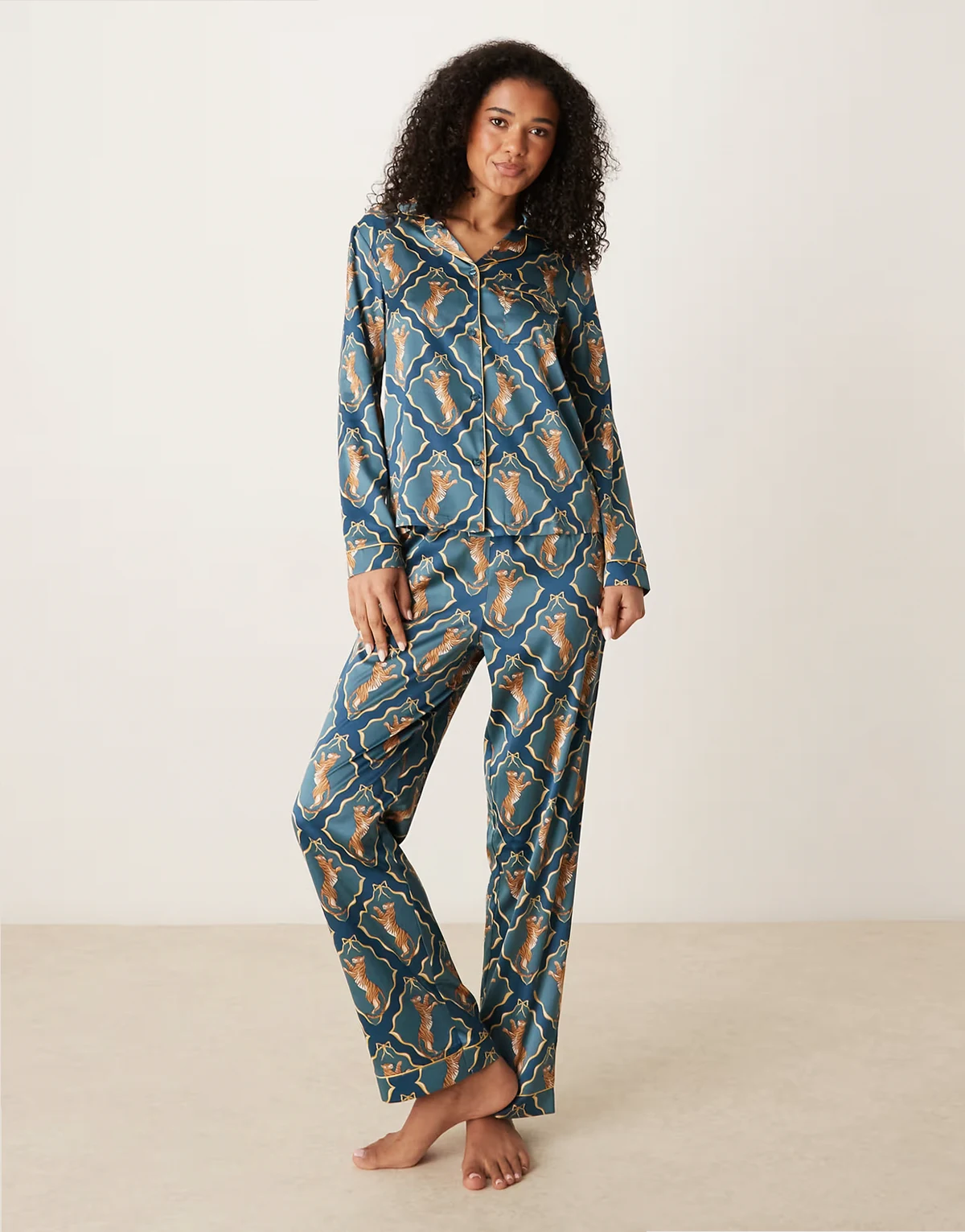 satin long sleeve camp collar pajama set in dancing tiger print