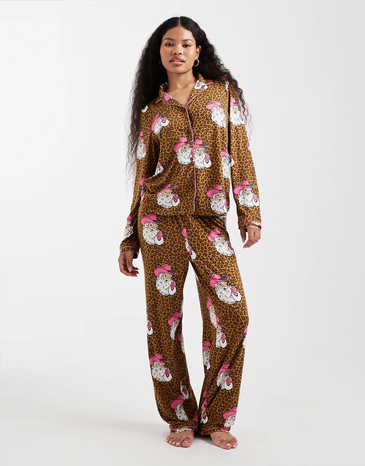 Petite Christmas Santa leopard print pajama set in brown