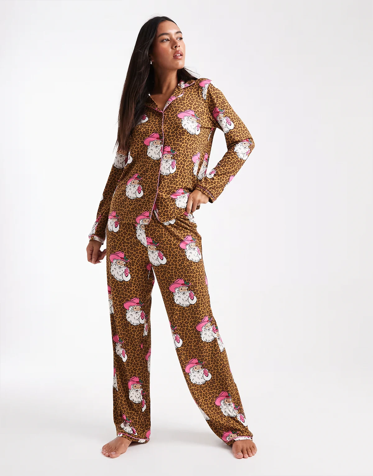 Christmas Santa leopard print pajama set in brown