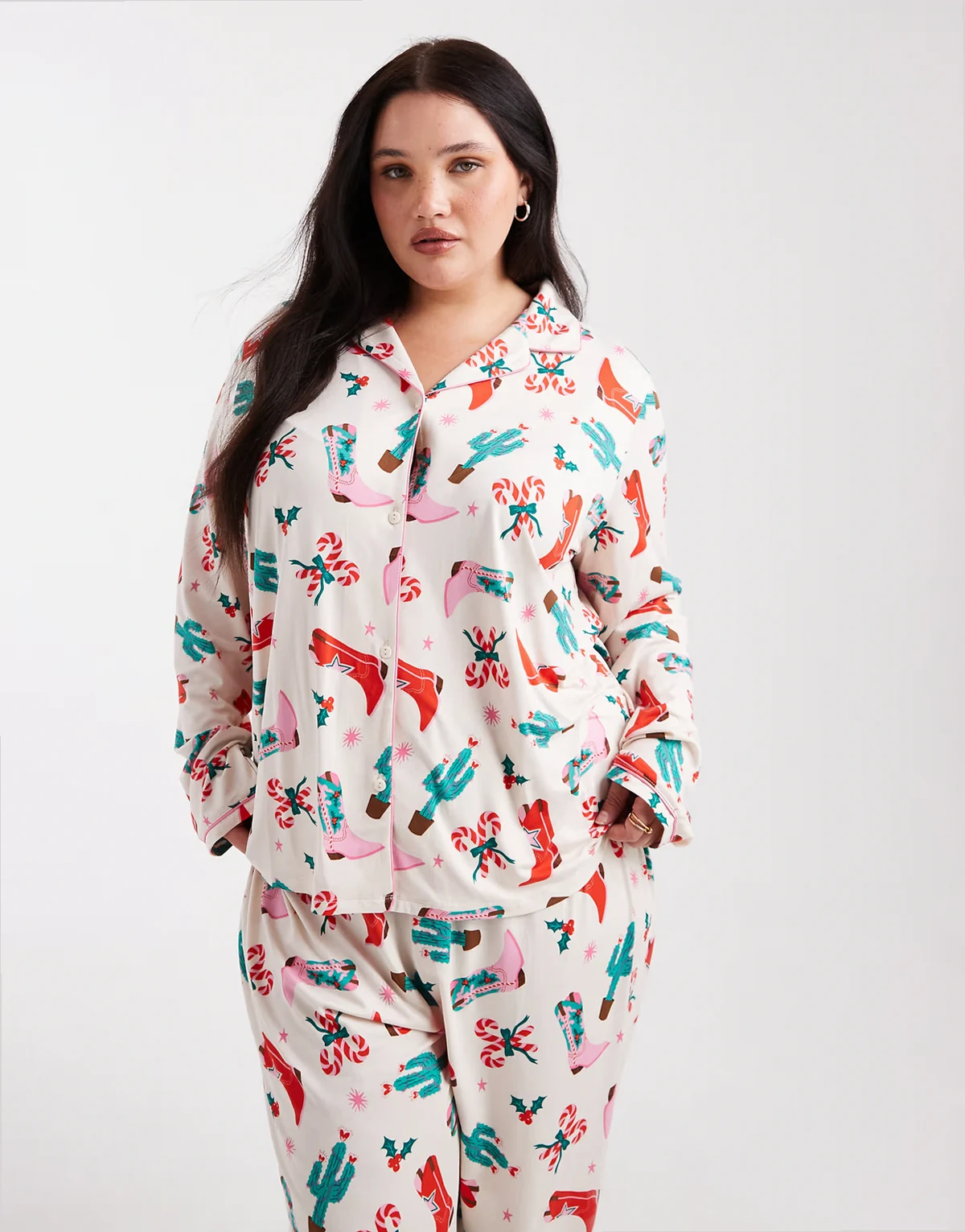 Curve holiday long sleeve camp collar shirt and pants pajama set in cowboy print