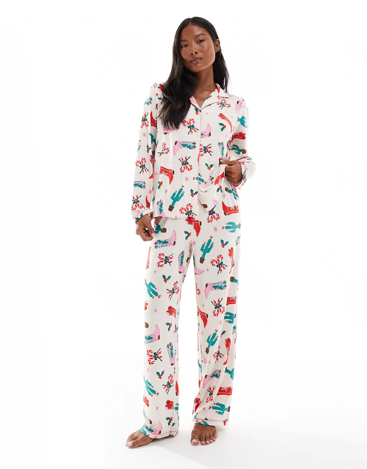 Petite Christmas long sleeve camp collar and pants pajama set in cowboy print