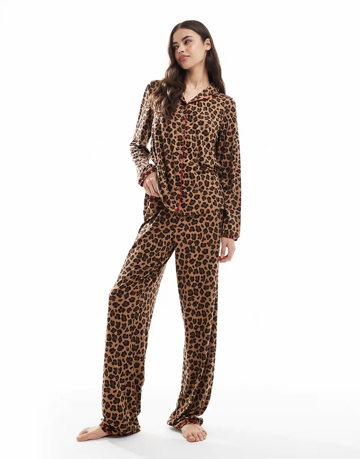 Tall long sleeve revere and pants pajama set in leopard print