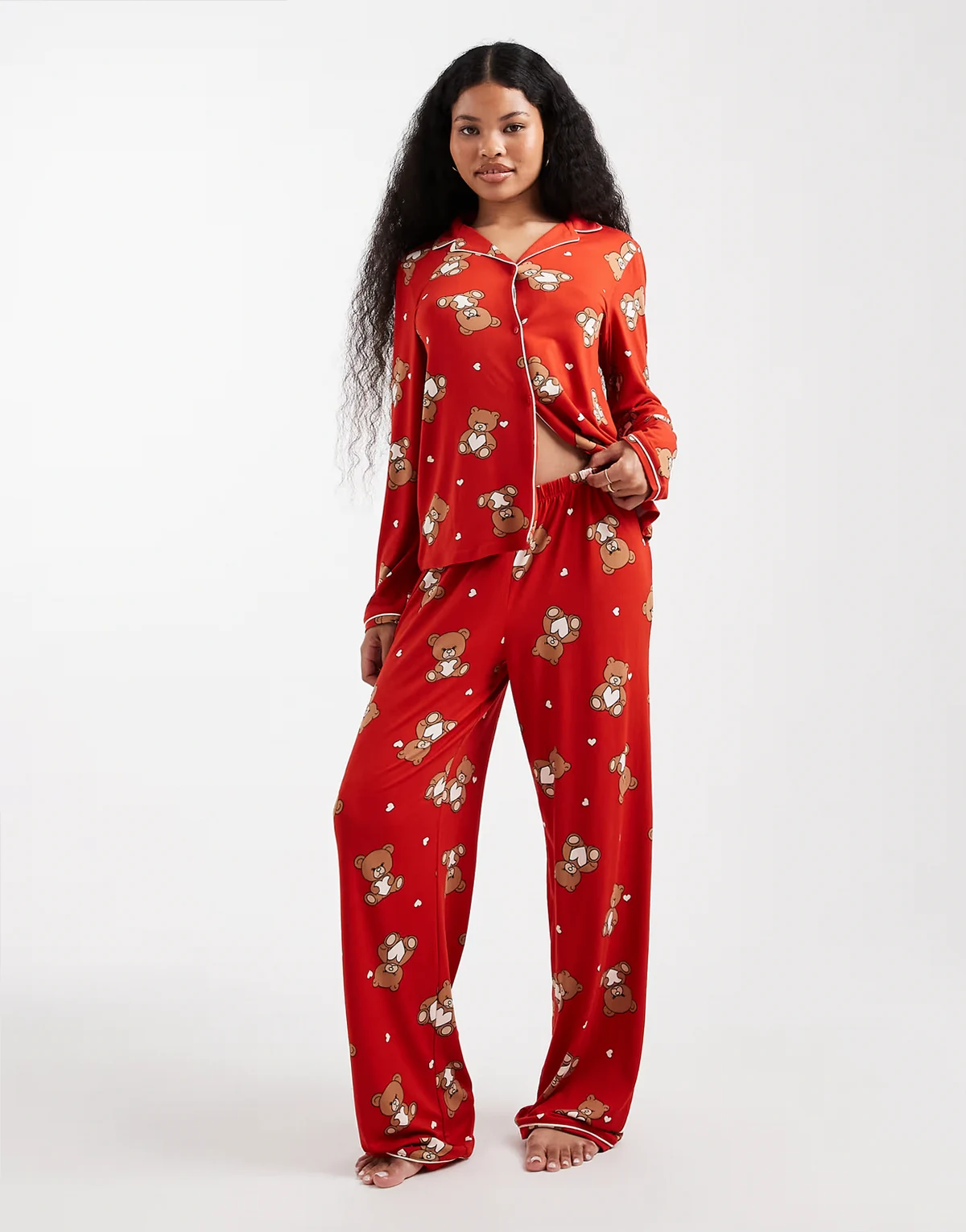 Petite holiday long sleeve camp collar shirt and pants pajama set in teddy print