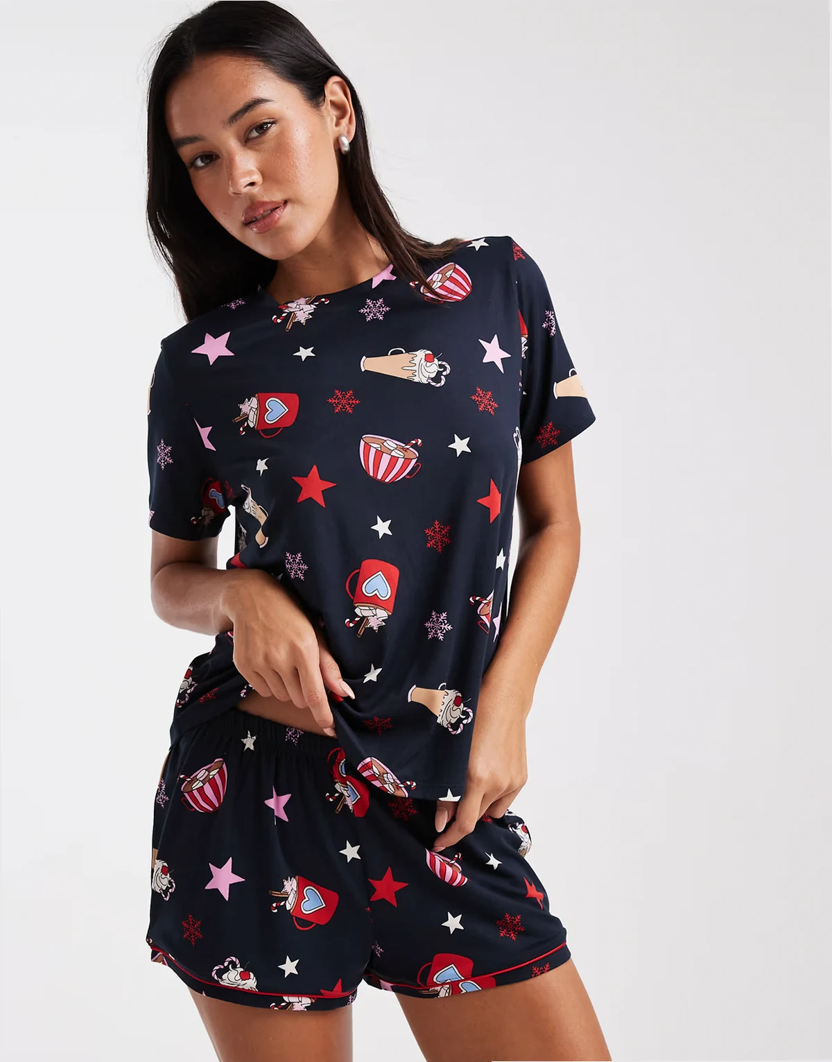 Christmas short sleeve and shorts pajama set in hot chocolate print in navy