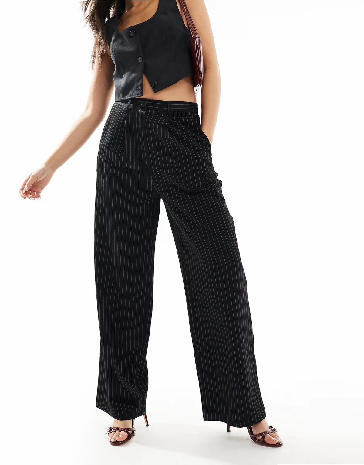 tailored wide leg dad pants in black pinstripe