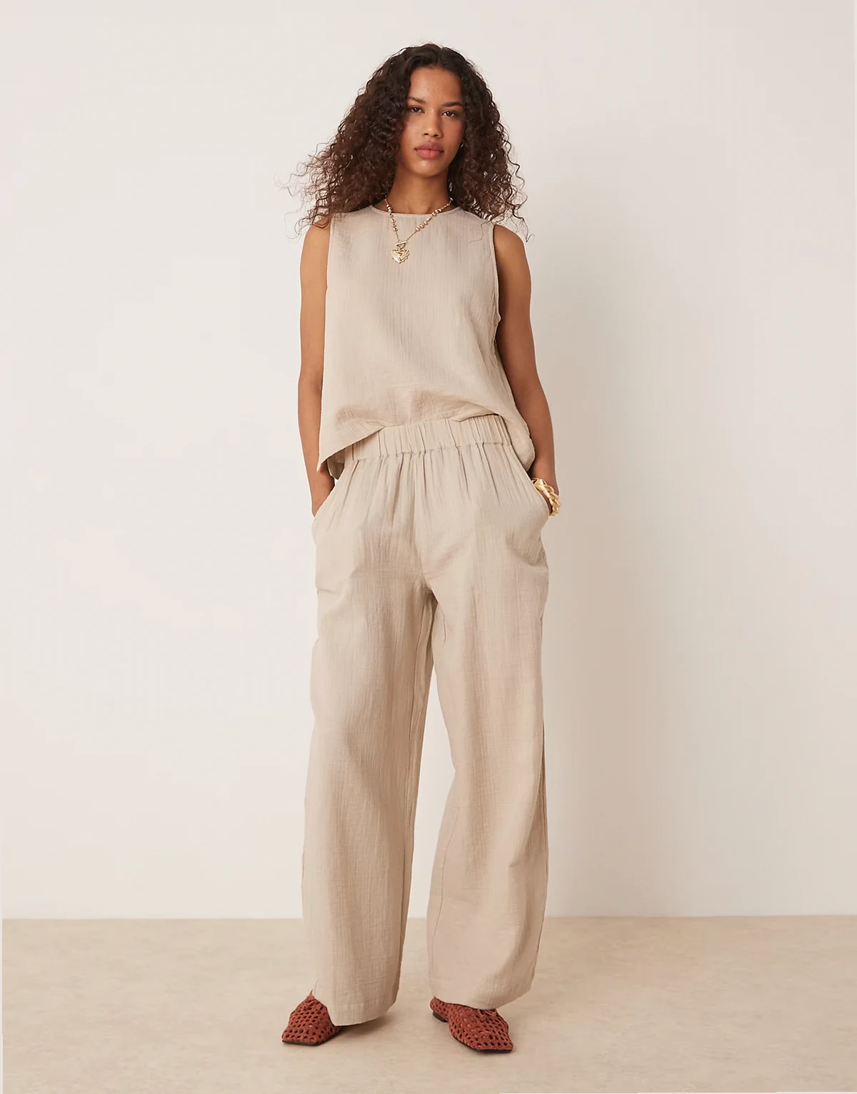 crinkle wide leg pants in beige - part of a set