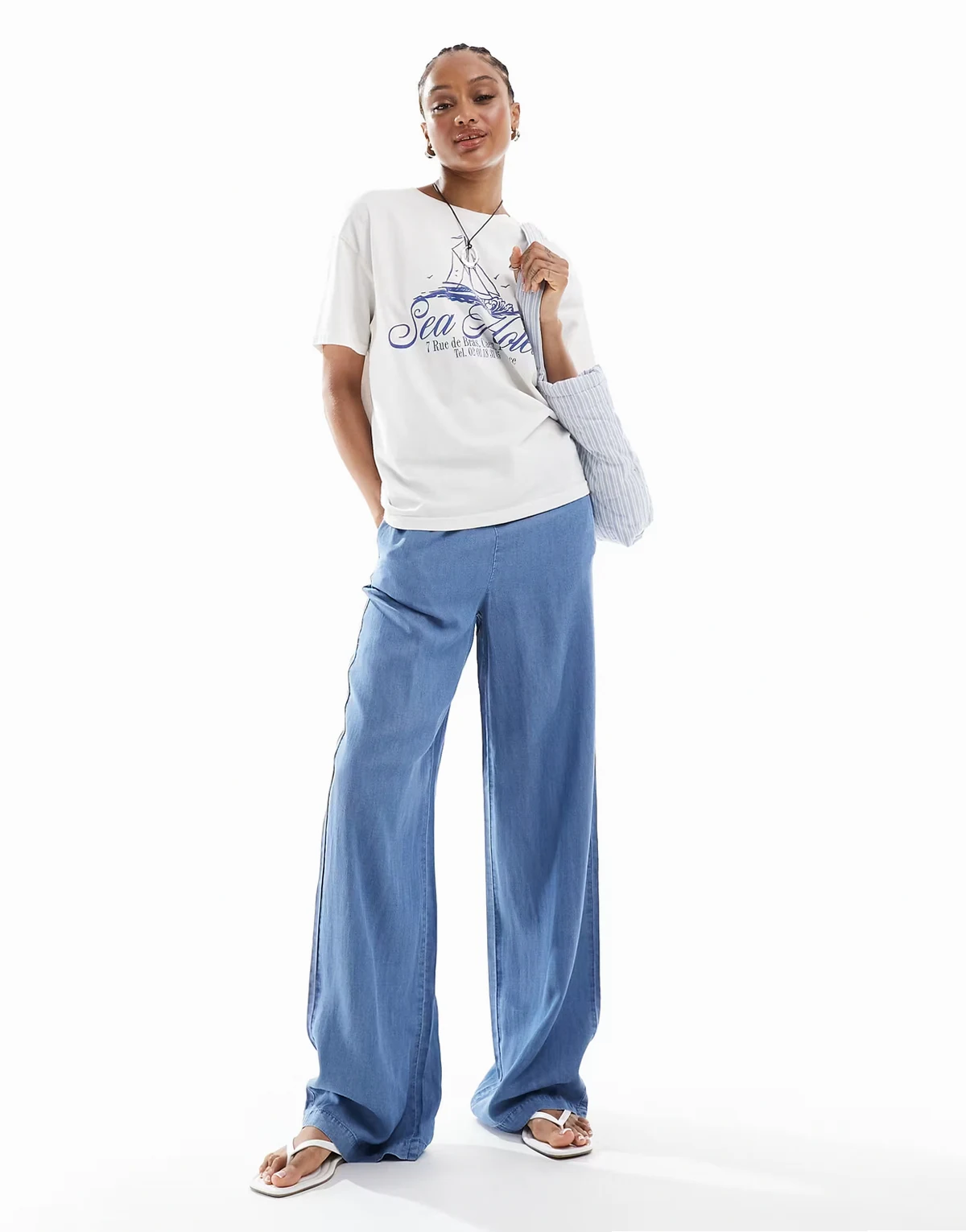 fluid wide leg pants in blue chambray
