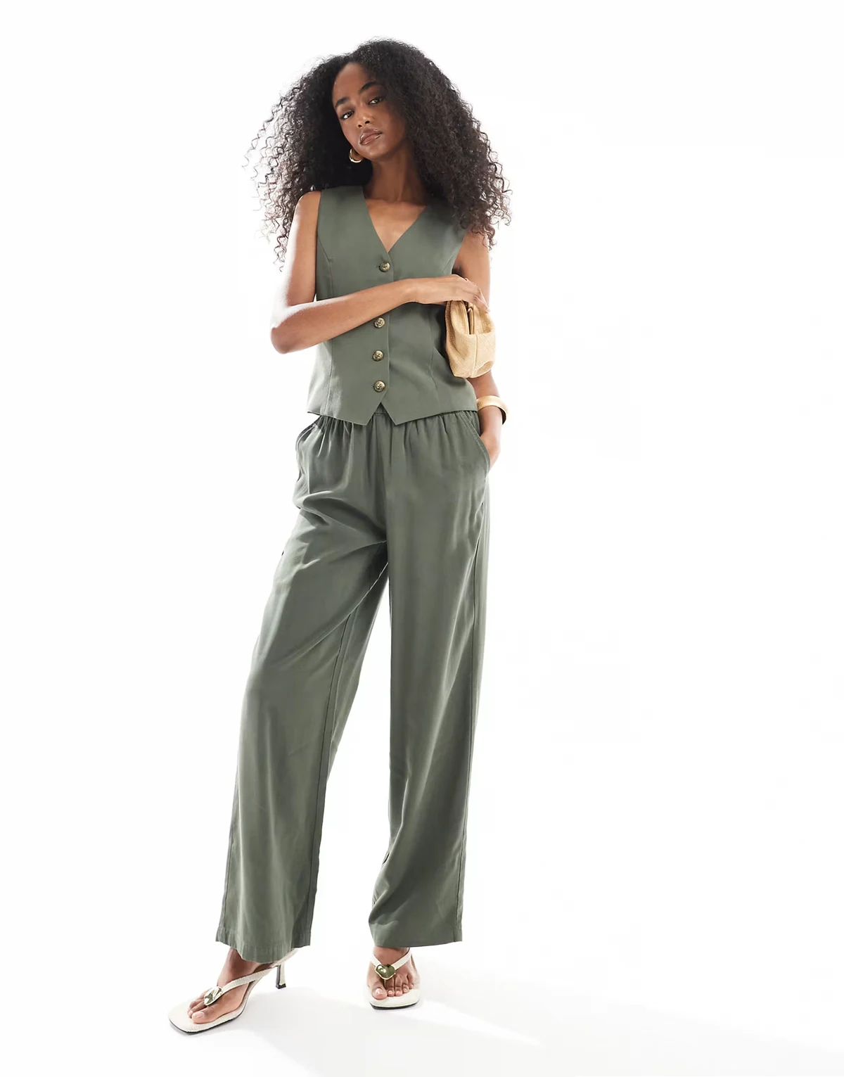 tailored twill pull-on pants in khaki - part of a set