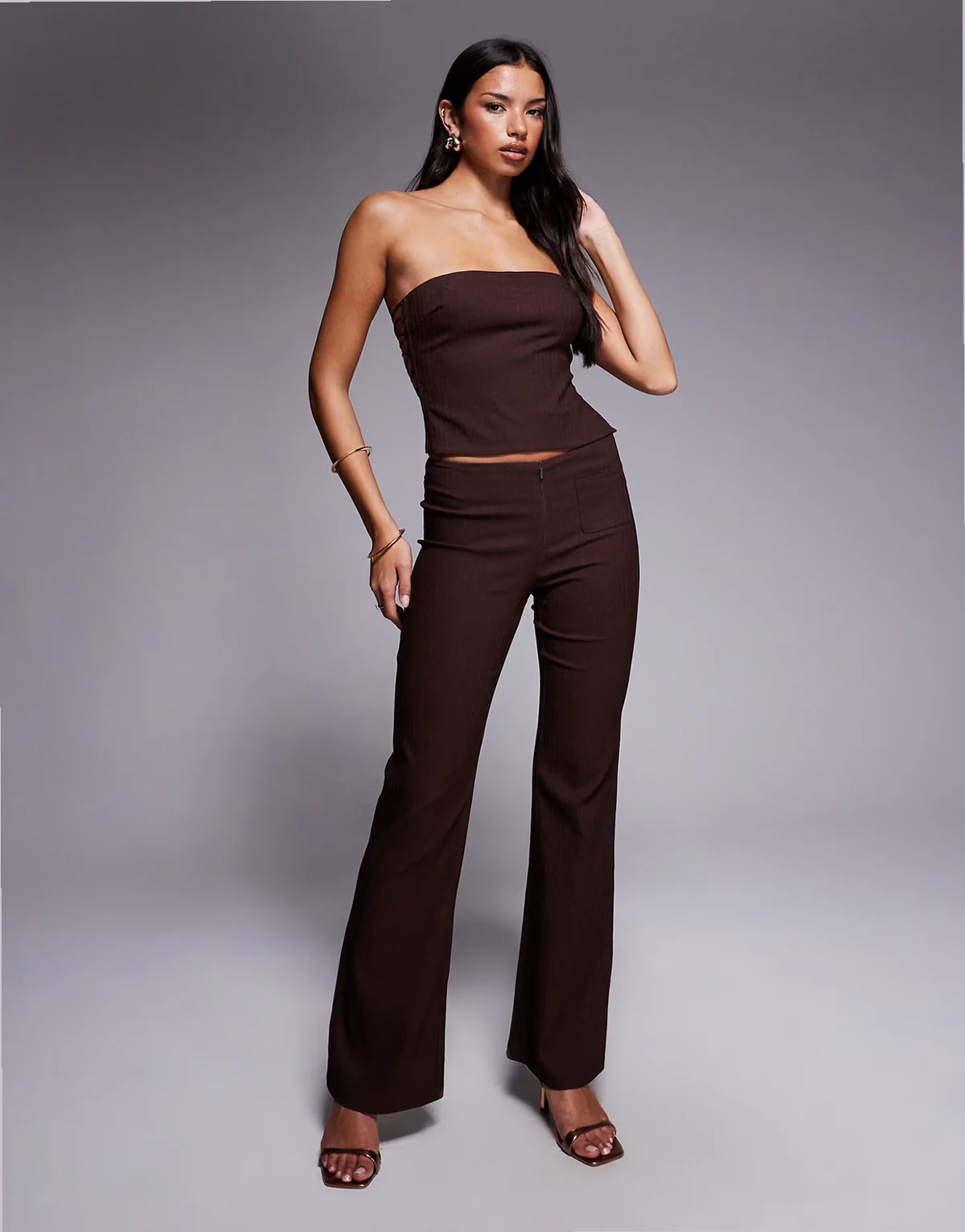 Gwendolyn tailored low rise zip front detail flare pants in brown pinstripe - part of a set