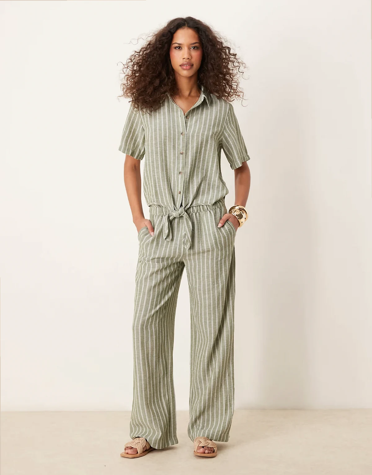 wide leg pants in sage stripe - part of a set