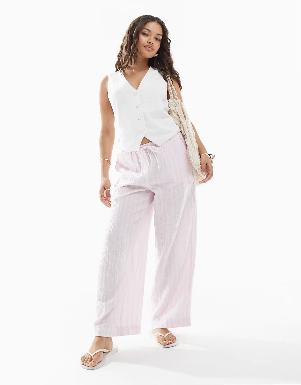 – Baumwoll-Hose in gestreiftem Blassrosa mit weitem Bein