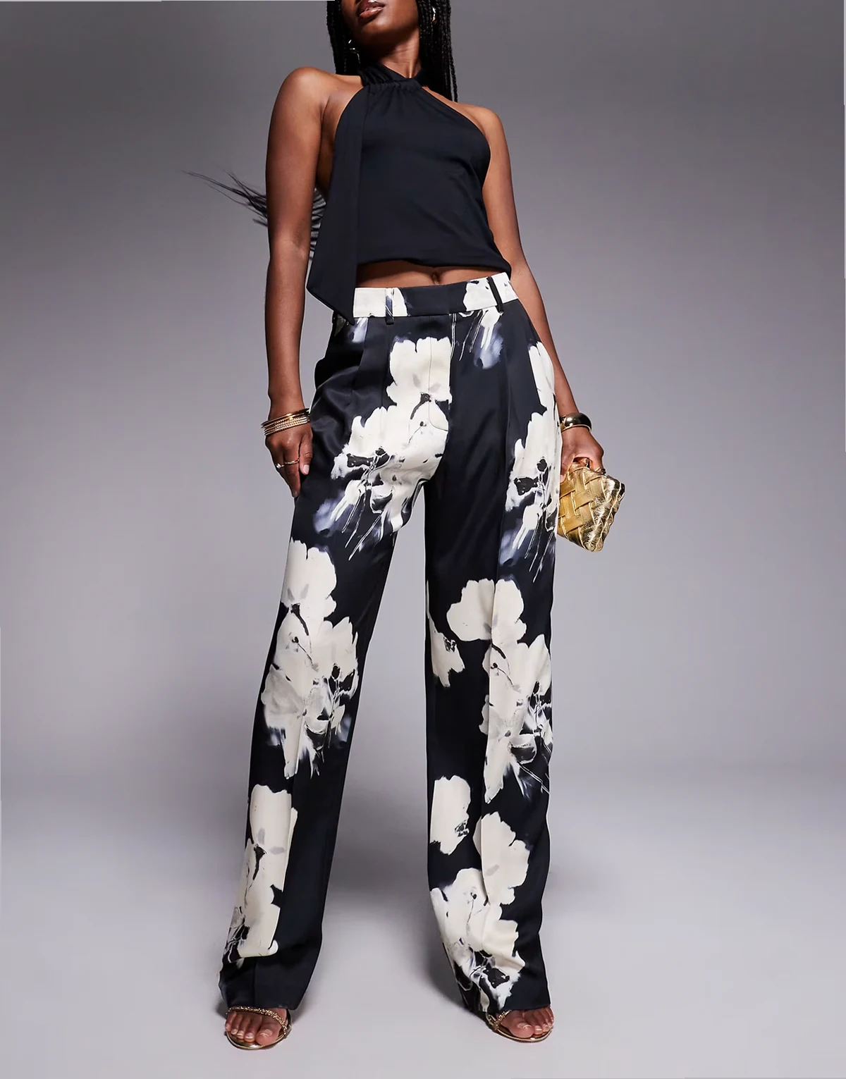 – Elegante Hose aus Satin mit weitem Bein und Blumenmuster