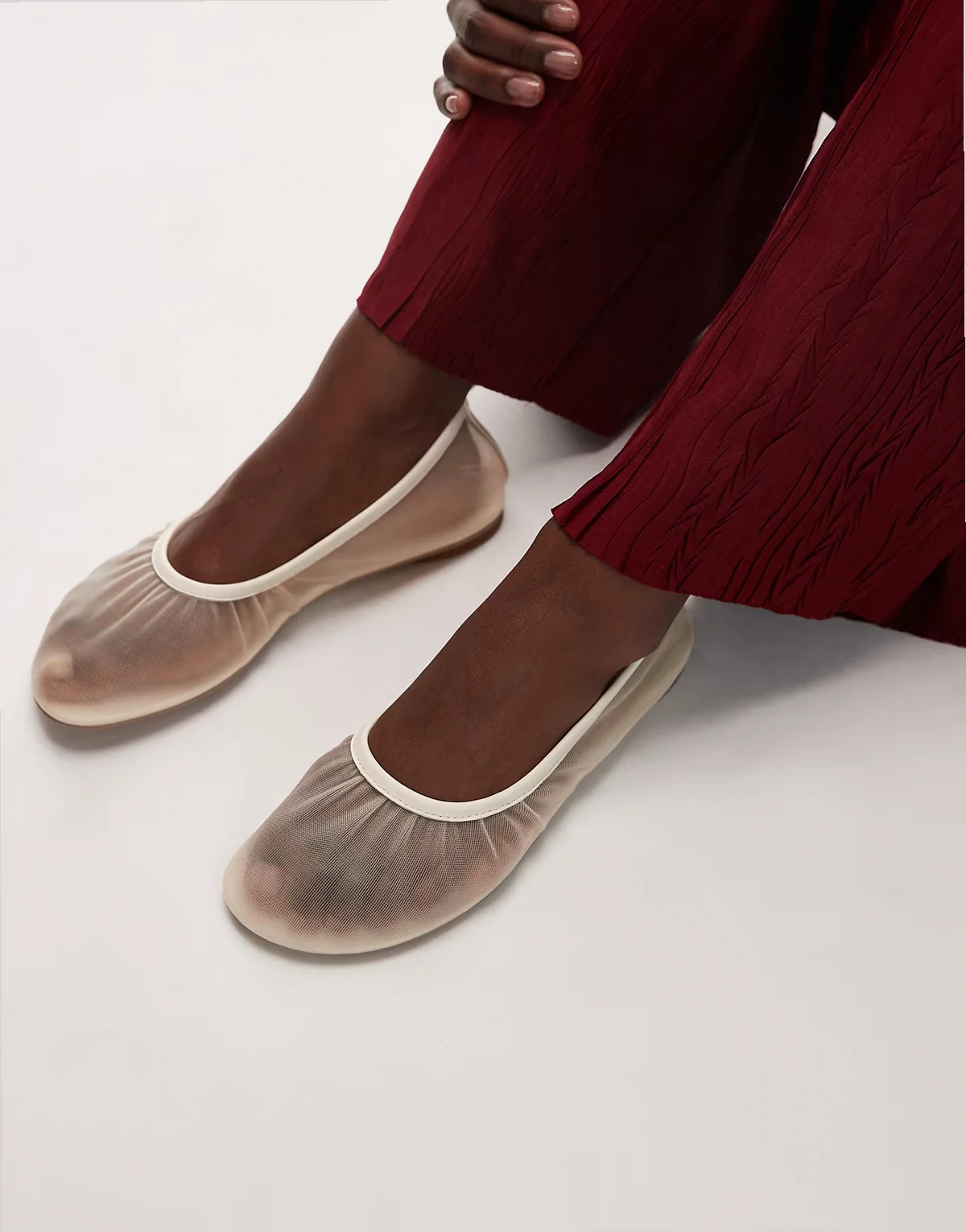 real leather trim mesh ballet flats in cream
