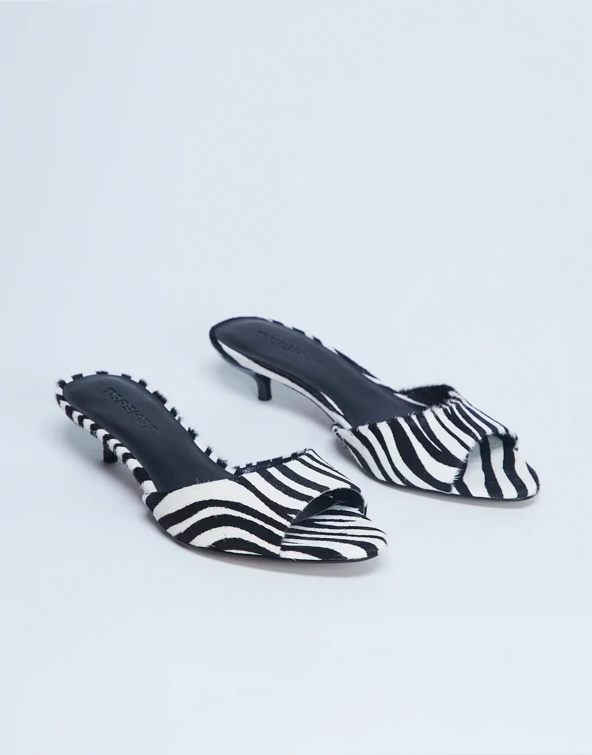 Alba real leather peep toe kitten heel mules in zebra pony