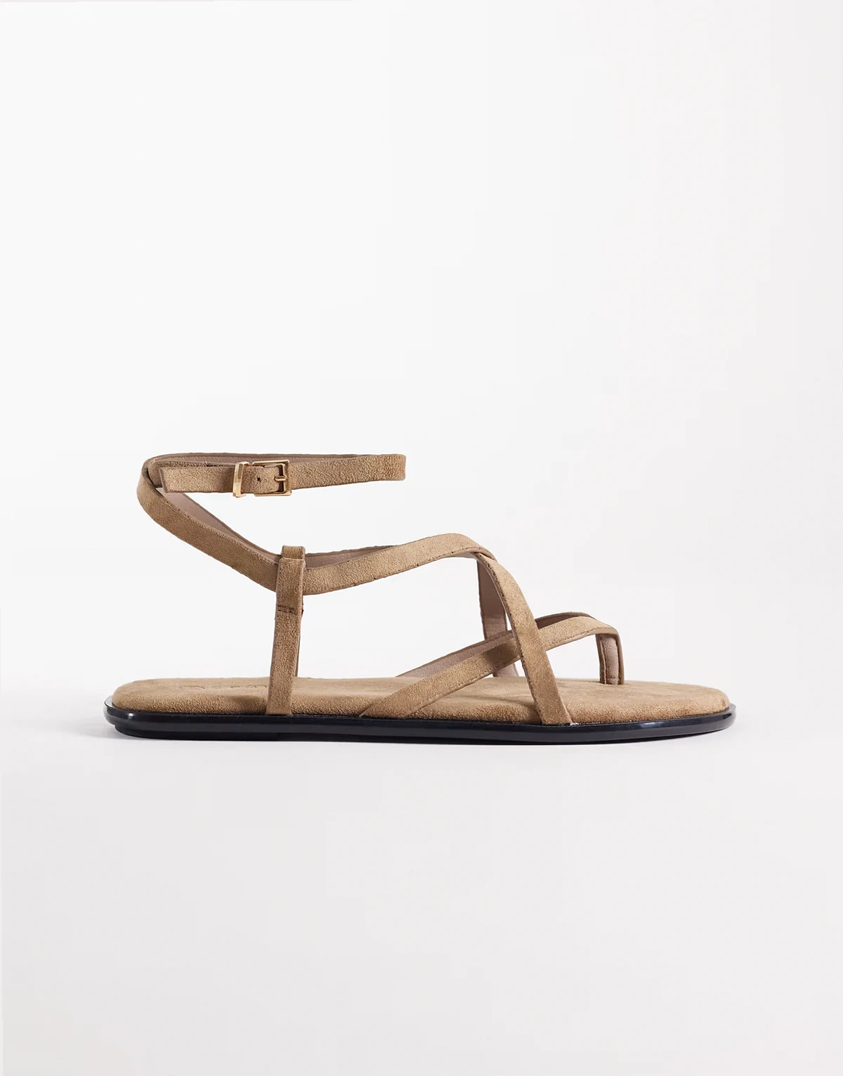 – Szarobrązowe płaskie sandały z pasków z imitacji zamszu z ozdobną klamrą