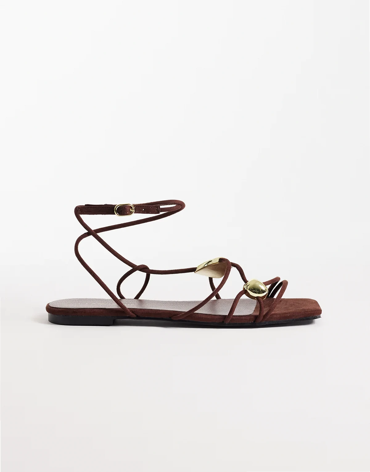 flat sandals with molten detailing in brown suedette and gold