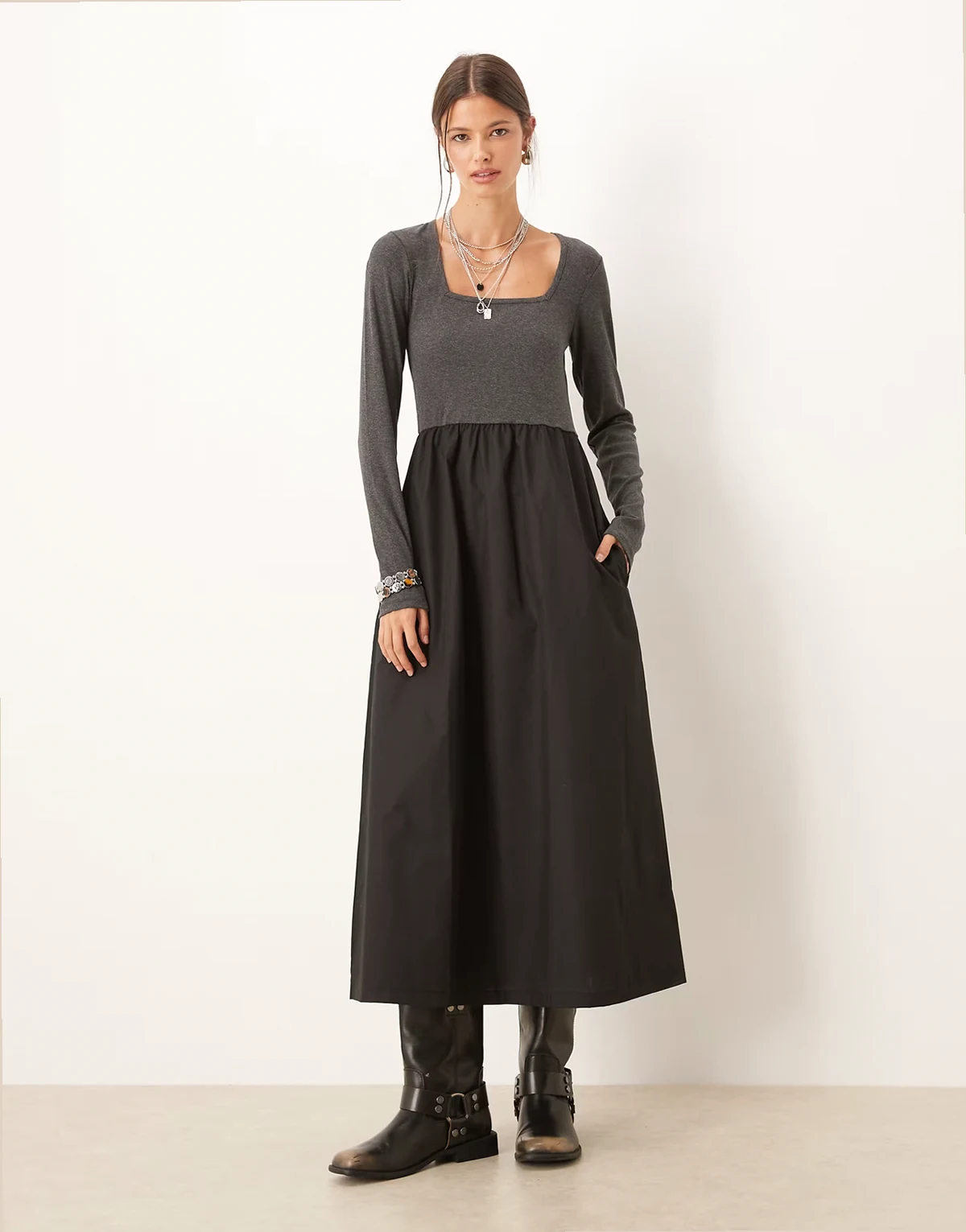 long sleeve square neck midi dress with contrast black poplin skirt in gray