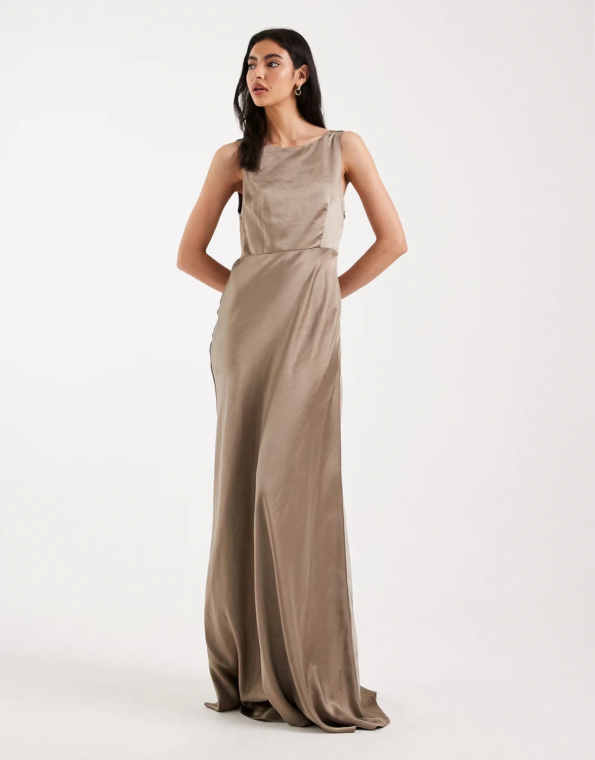 Bridesmaids satin cowl back maxi dress in mocha