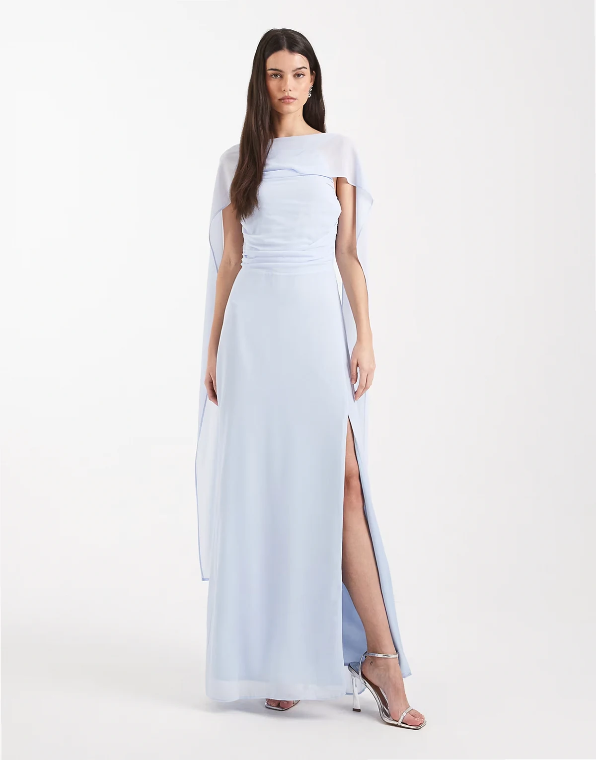 Bridesmaid chiffon cape side split maxi dress in blue