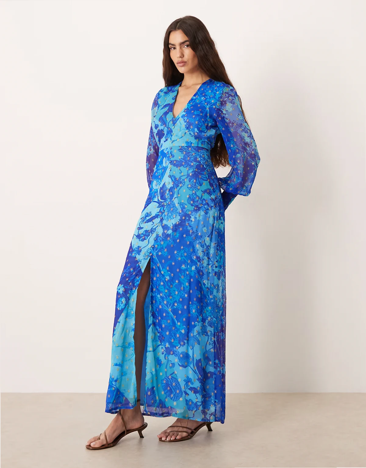 v neck button front long sleeved maxi dress in blue floral